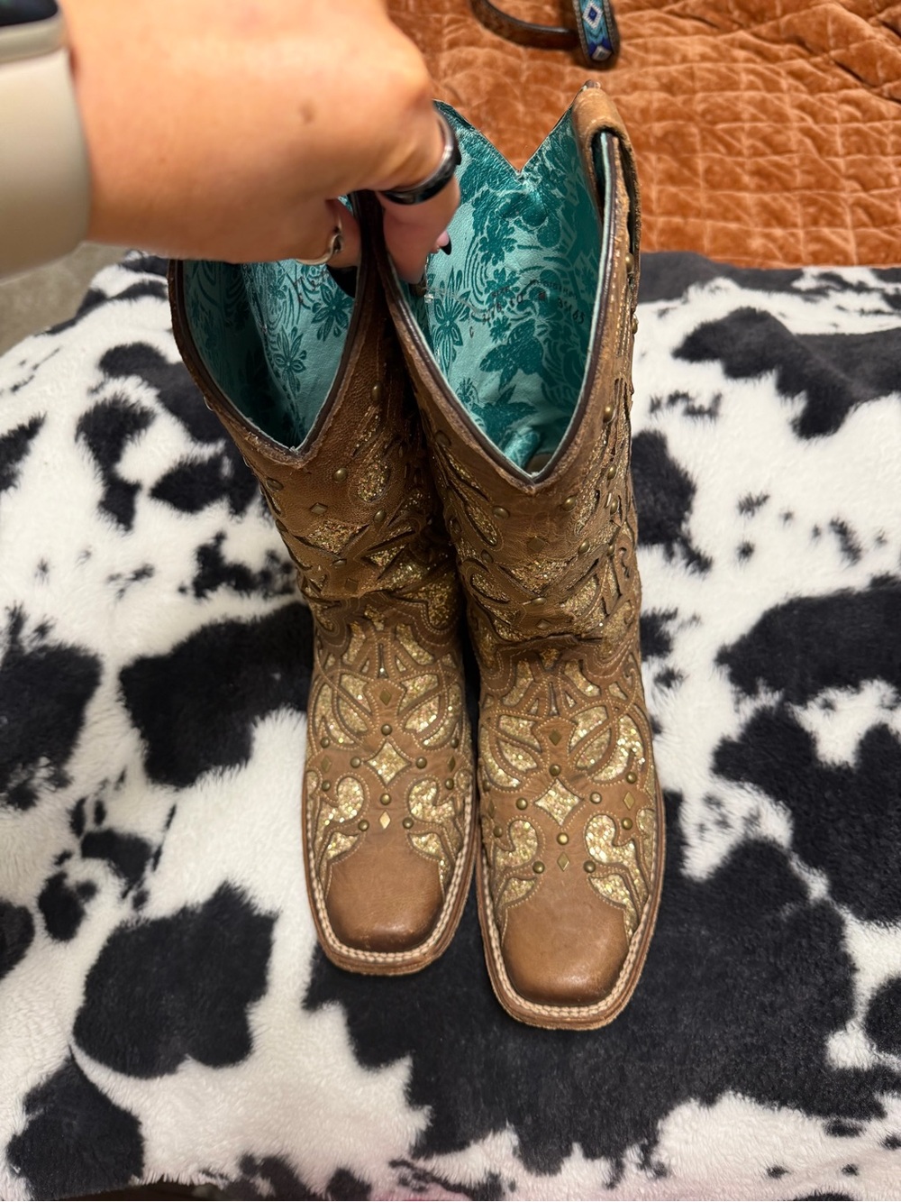 Corral Brown Lace-Up Western Boots with Teal Floral Lining and Gold Embroidery